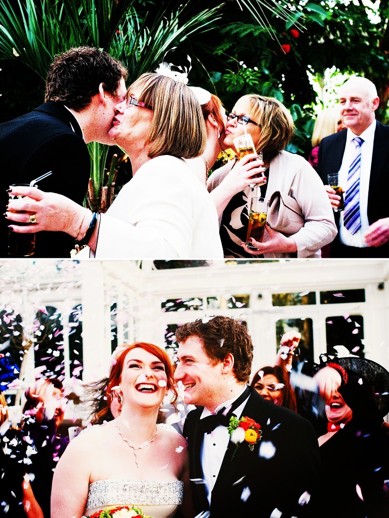 Confetti throwing at sefton park palm house in liverpool.