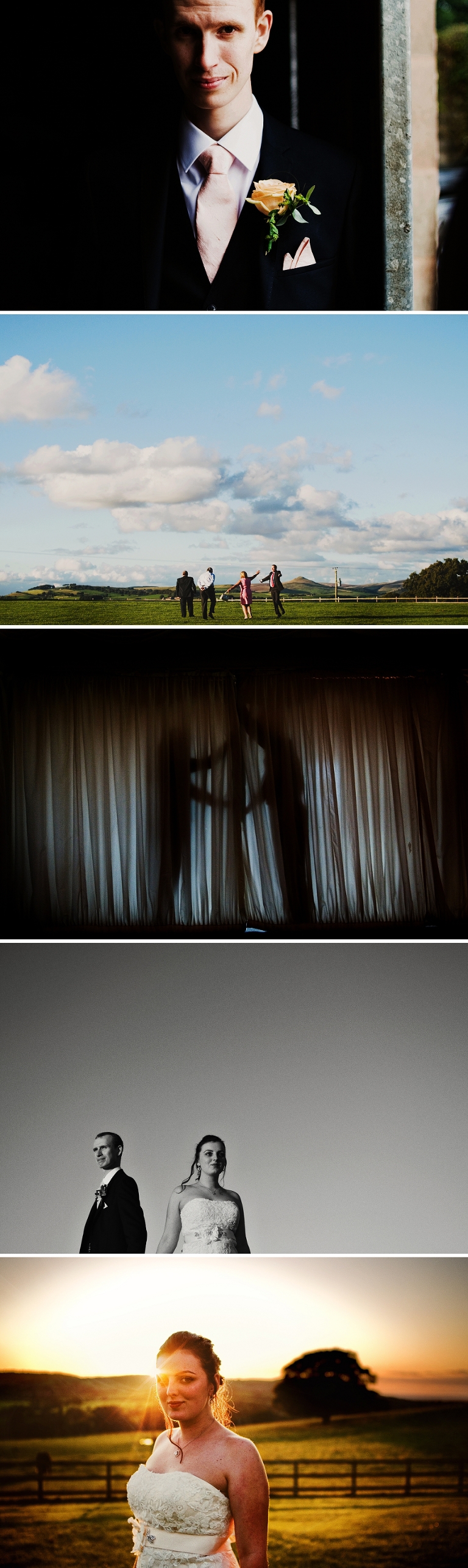 Bride and groom sunset portraits at a countryside wedding venue