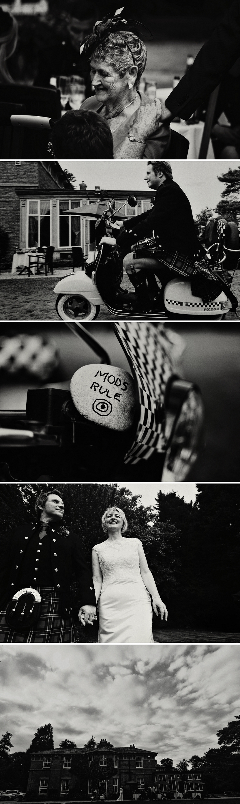 scottish kilt wedding groom on vespa bartle hall