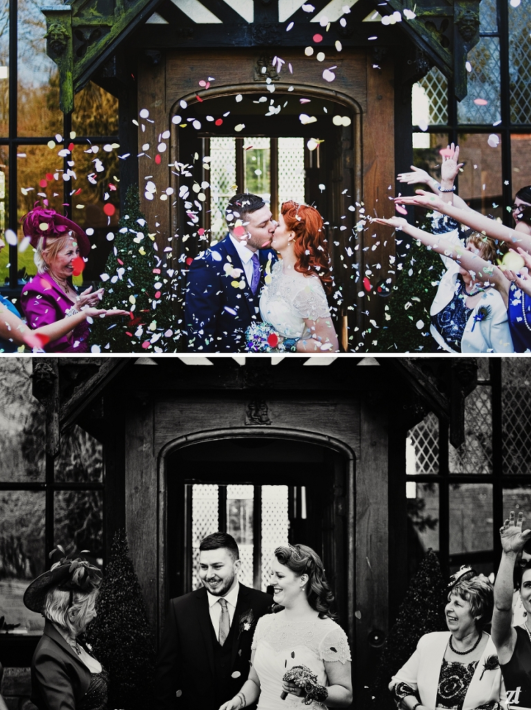 Samlesbury Hall - peacock vintage wedding - confetti throwing