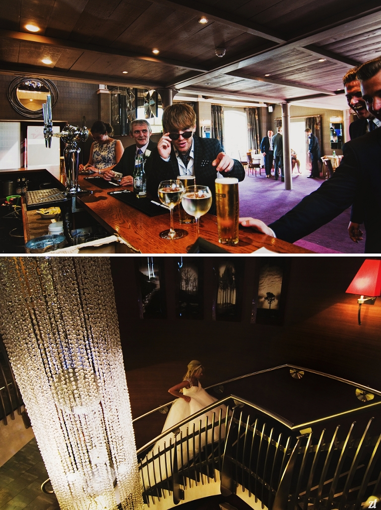 Bride walking next to chandelier at Stanley House in Blackburn