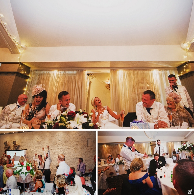 Lots of guests laughing during the wedding speeches
