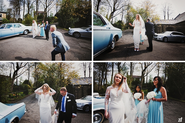 Bride outside a Lancashire church with a crysler car