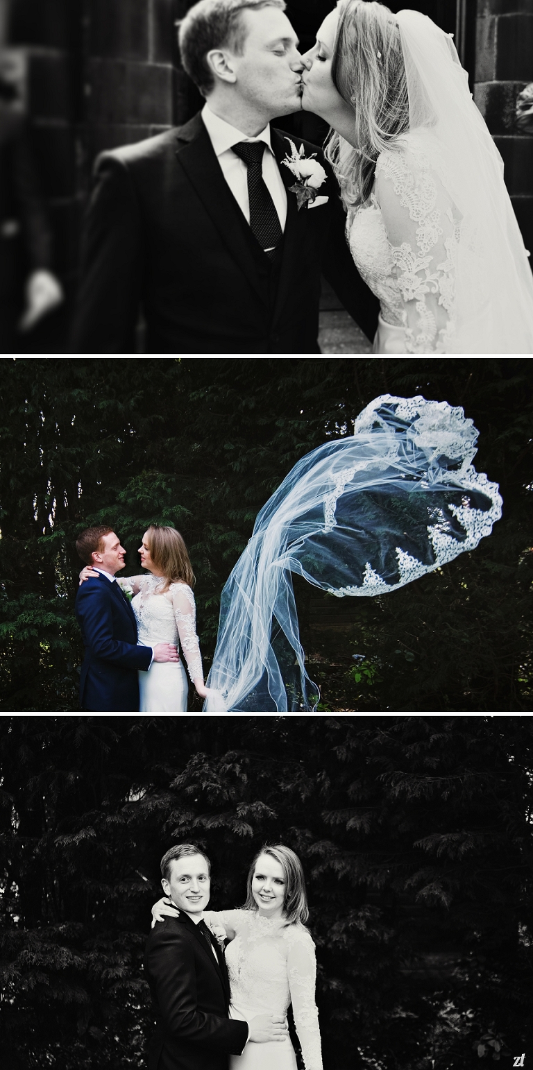 A black and white photo of a bride and groom kissing outside the church in Lancashire
