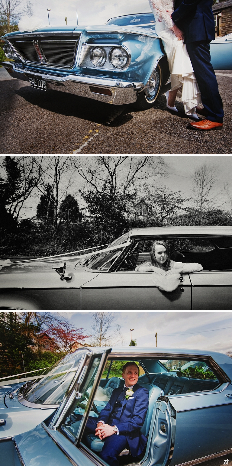 Restored blue chrysler classic car at a wedding in Lancashire