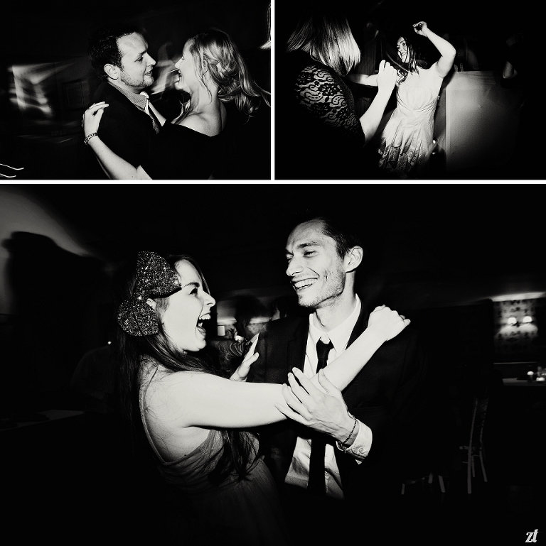 Black and white photos of guests dancing at a Shireburn Arms wedding in Lancashire