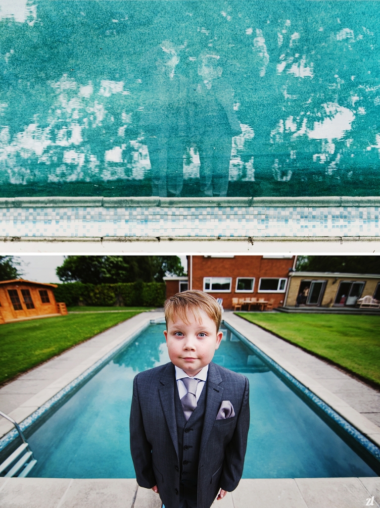 Nephews standing with swimming pool at a Meols Hall wedding