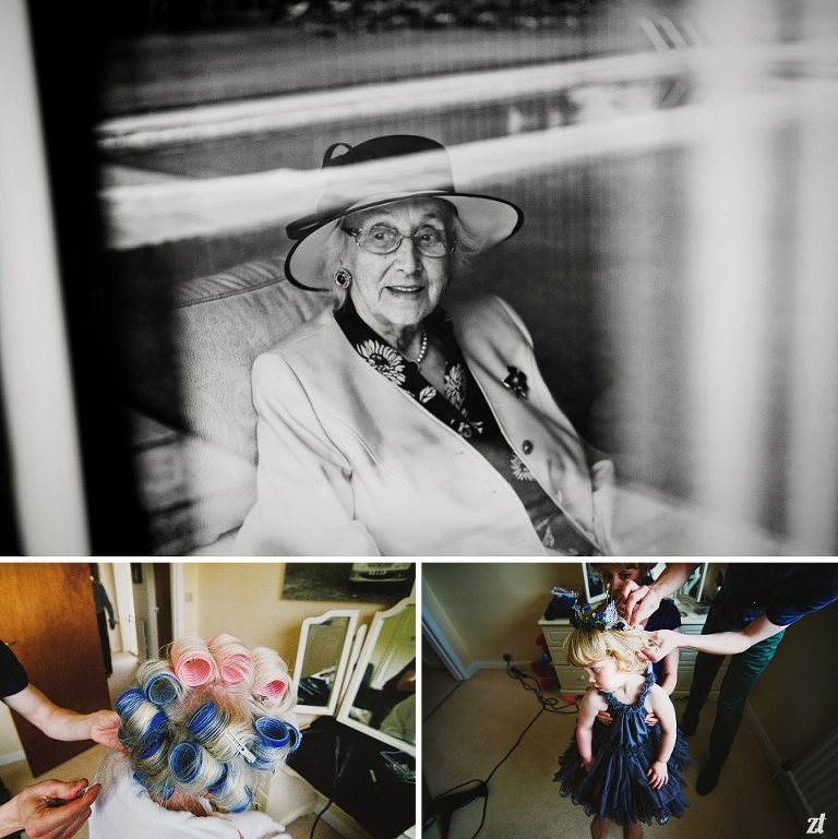 A black and white portrait of Nan during bridal preperations at a Meols Hall wedding