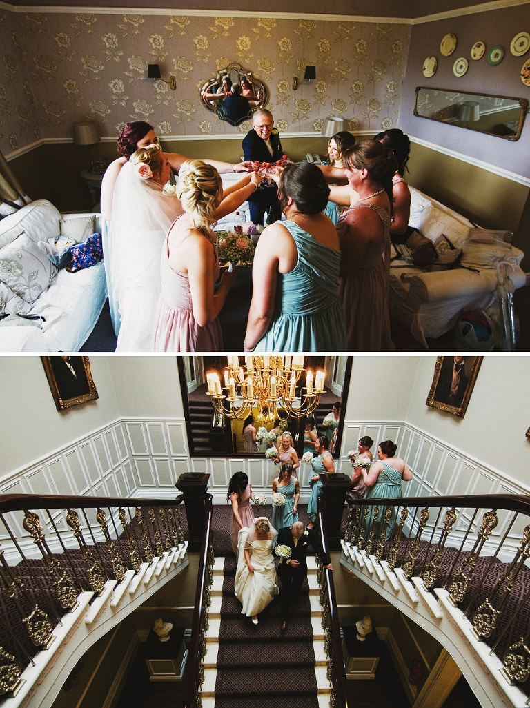 Bride and her bridesmaids on stairway at Ashfield House
