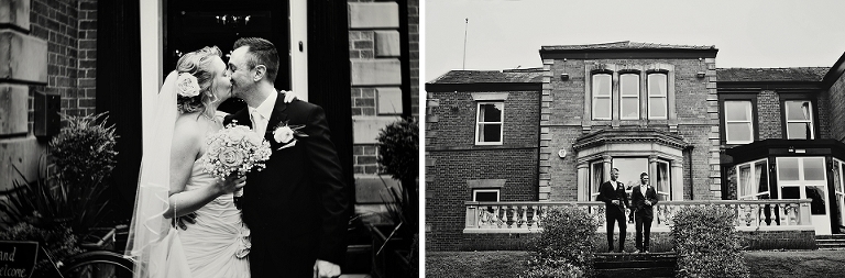 Bride and groom kissing outside Ashfield House