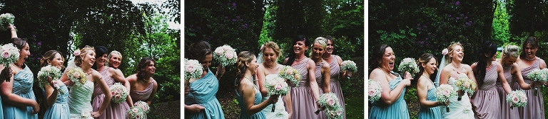 Brides and her bridemaids wearing pastel dresses