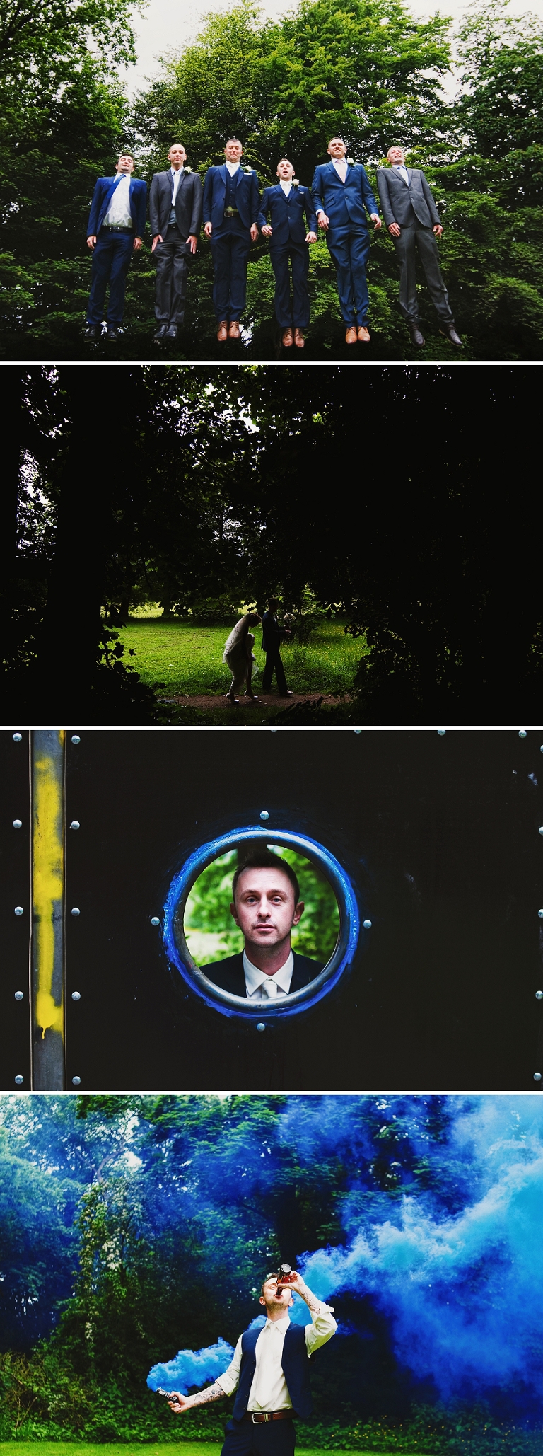 Groom with blue coloured smoke flares at Ashfield House wedding