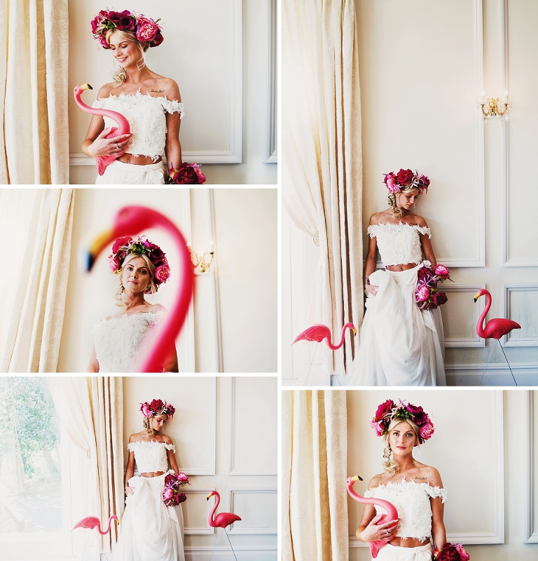 Bride with a flamingo wearing a Legend Bridal Design dress at a photography workshop at Ashfield House in Wigan 