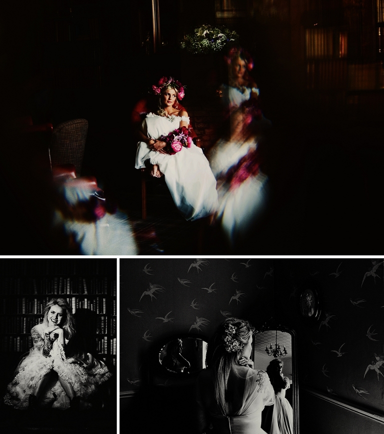 Black and white photograph of a bride at Ashfield House Wigan