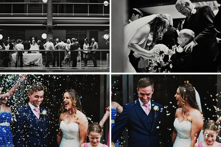 Confetti throwing outside the place in manchester city wedding