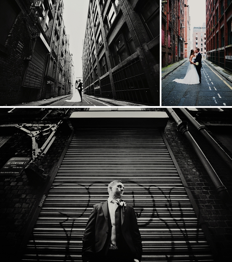Black and white photograph of groom in manchester city centre area northern quarter