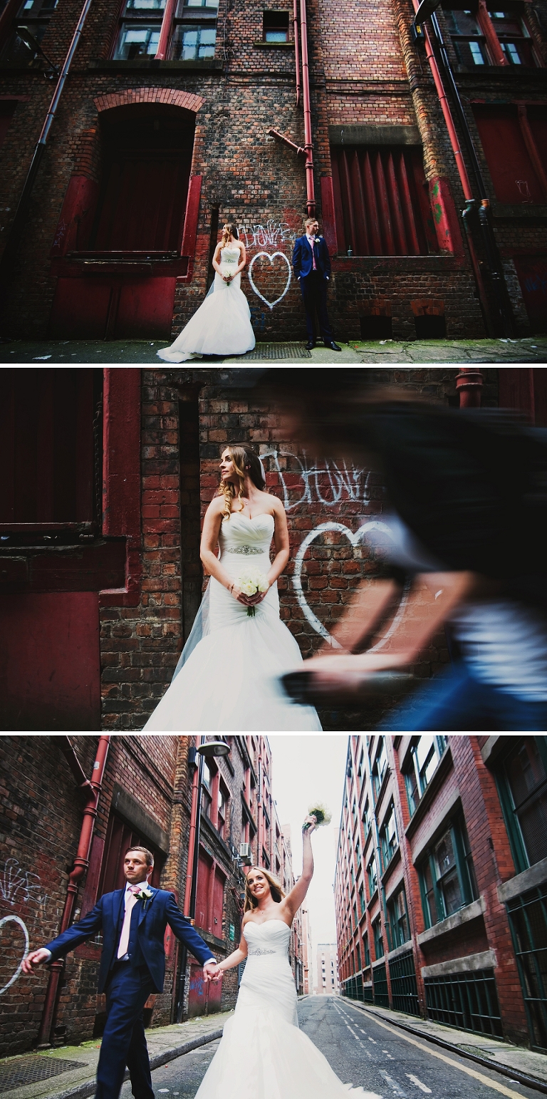 Bride in wedding dress in streets of Northern Quarter in Manchester City