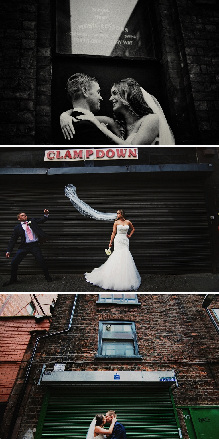 Bride and groom outside Clampdown Records in Manchester creative documentary style