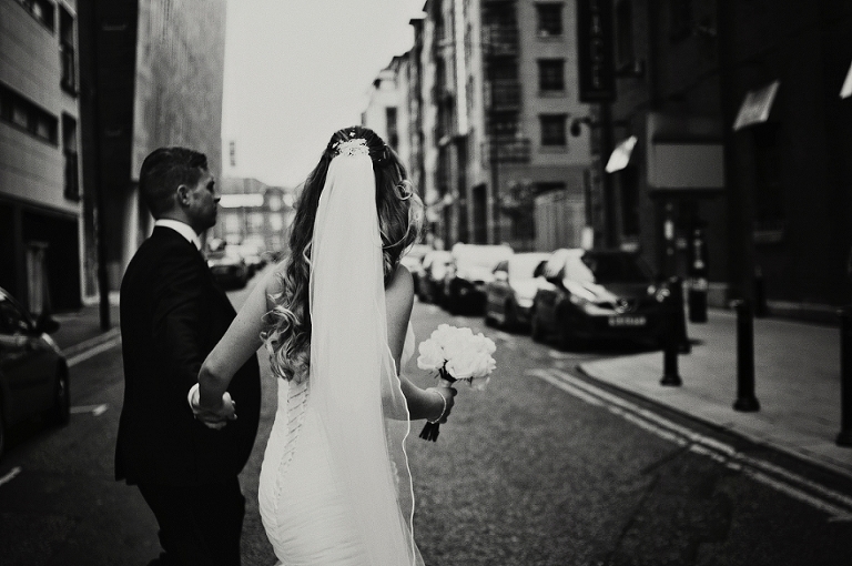 Black and white photo of bride and groom in manchester