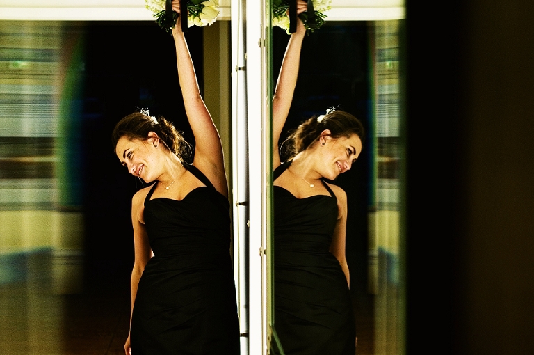 Bridesmaid reflection at a wedding in Lancashire
