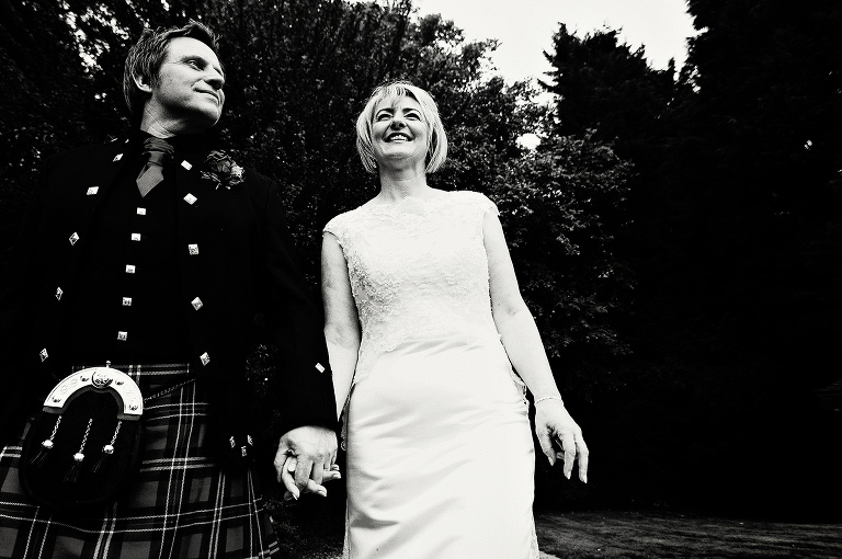 Groom wearing kilt at Bartle Hall in Lancashire.