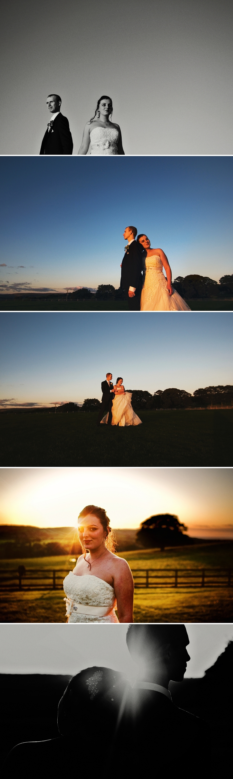 Bride and groom photographs at sunset at Heaton house farm