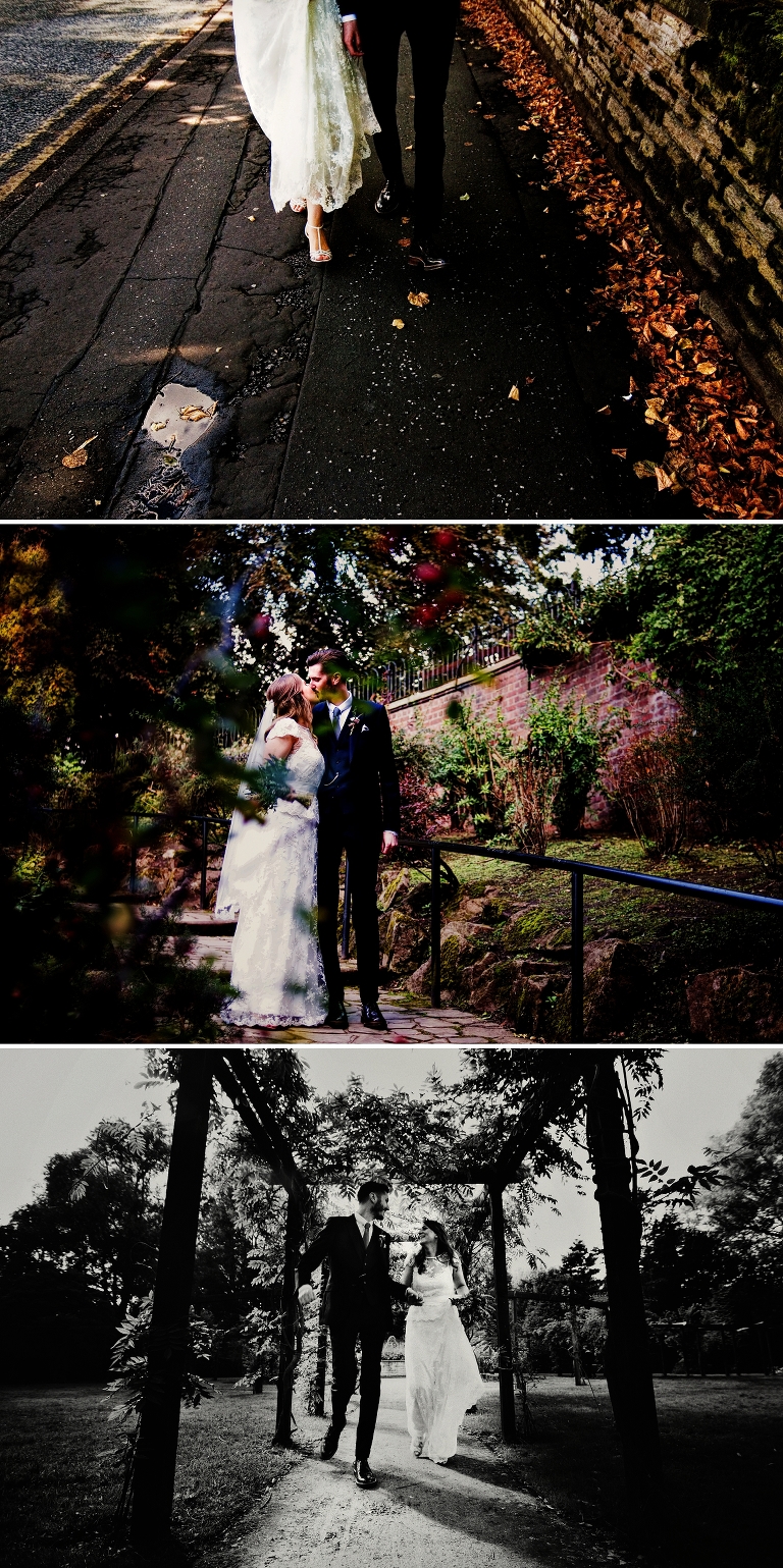 Bride and groom at Fletcher Moss Gardens in Disbury