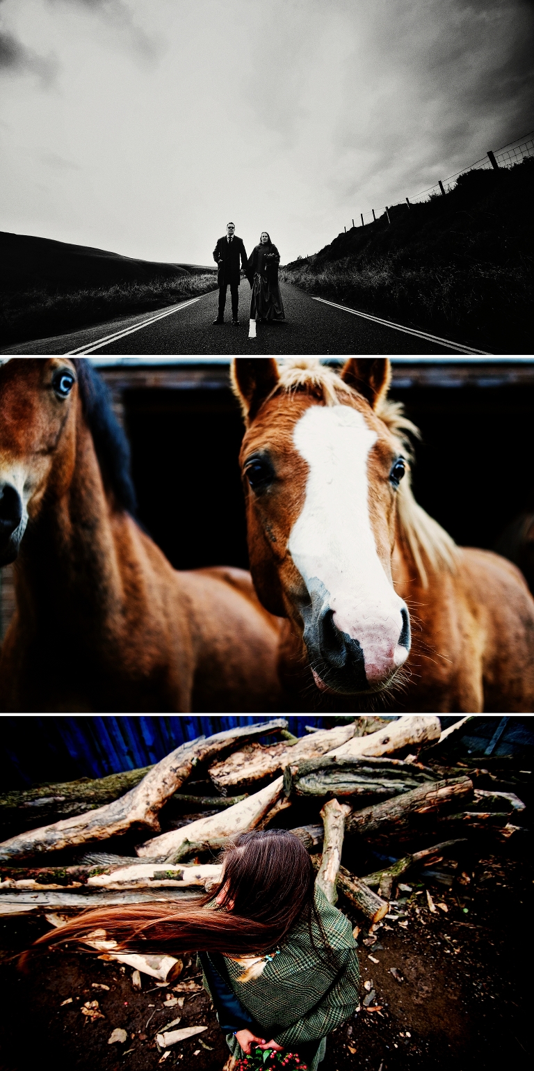 Horses and a brides hair blowing in the wind wearing a tweed wedding dress