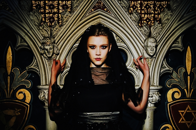 Black veil and wedding dress worn on a bride in Lancashire