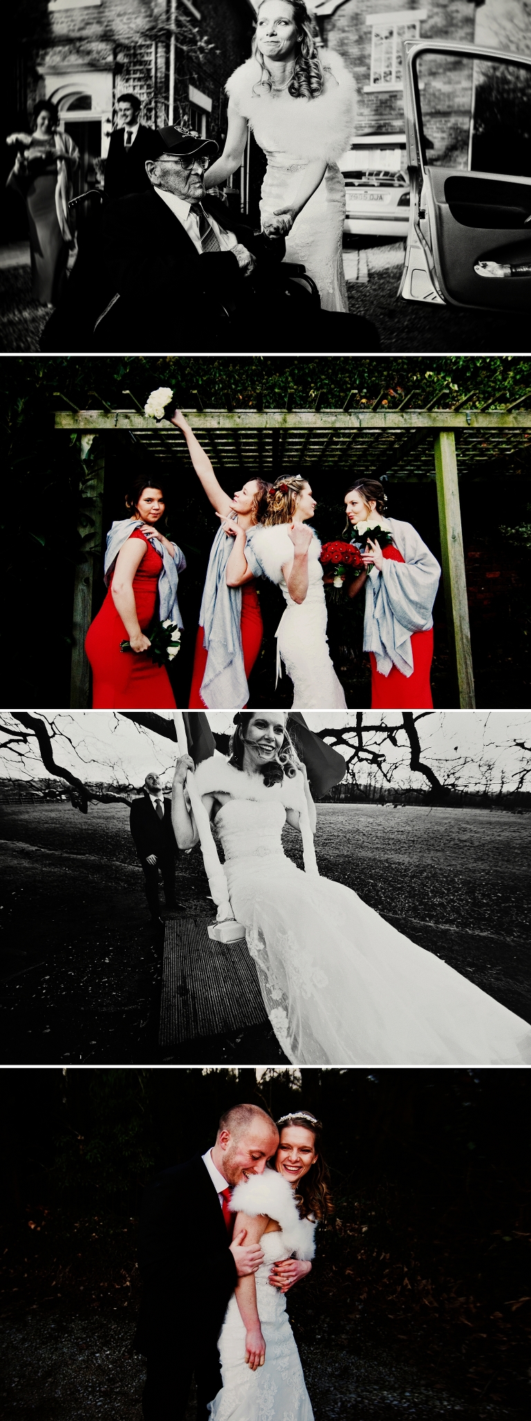 Black and white portrait of a bride on the swing at Singleton Lodge winter wedding