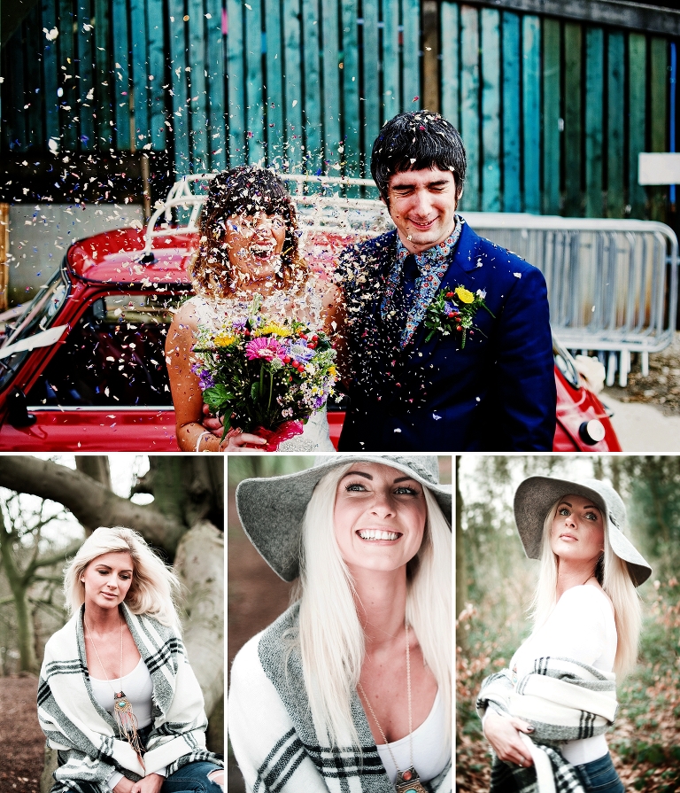 Bride and groom with red mini and confetti at a festival wedding