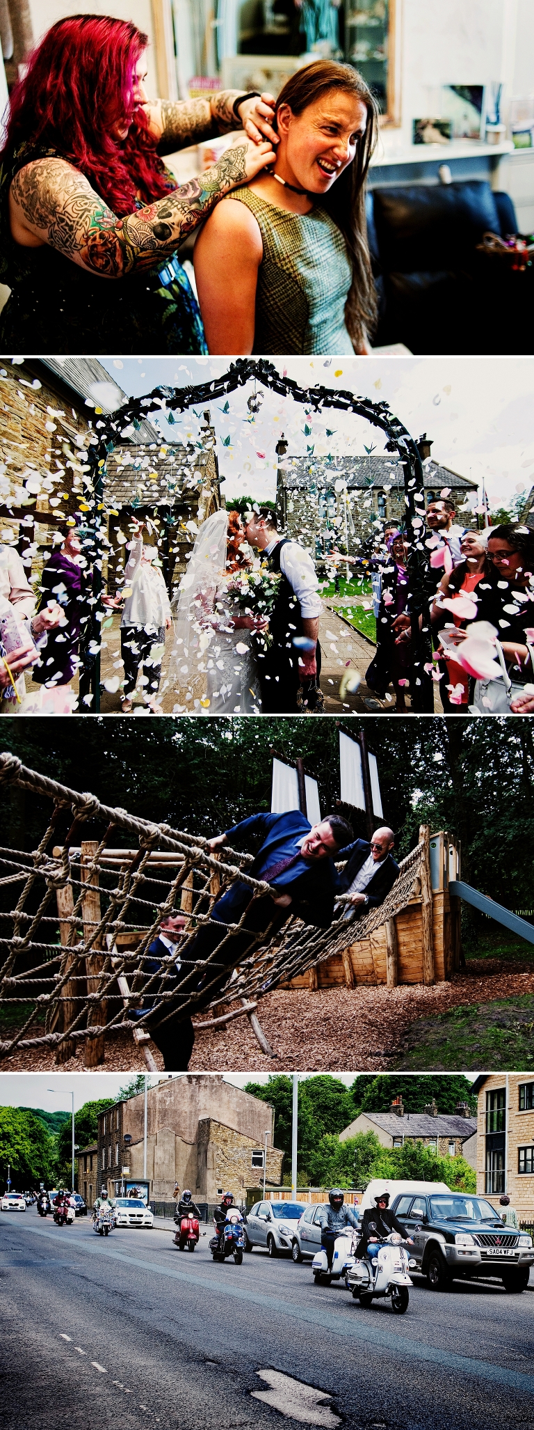 Vespa convoy at a wedding at Shireburn Arms