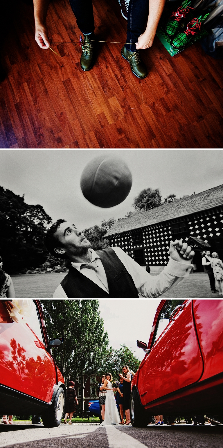 red mini cars at a wedding in stockport town hall
