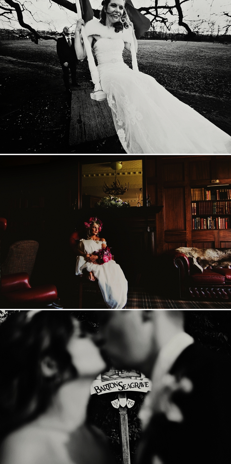 black and white photograph of bride on the swing at singleton lodge