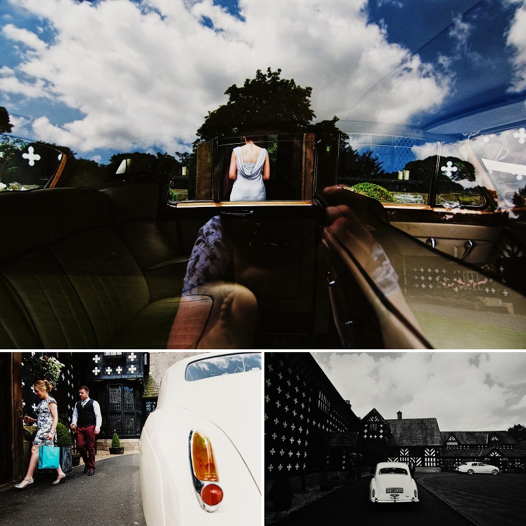 Reflections of a bridesmaid in car window