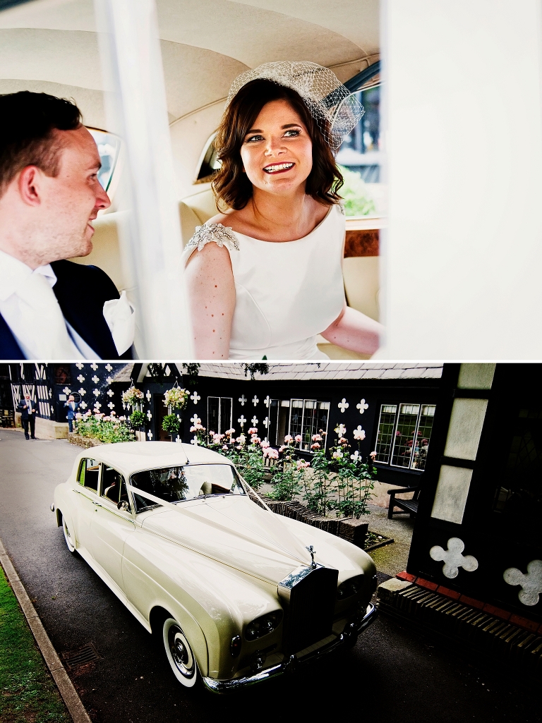 bride and groom in classic car at samlesbury hall