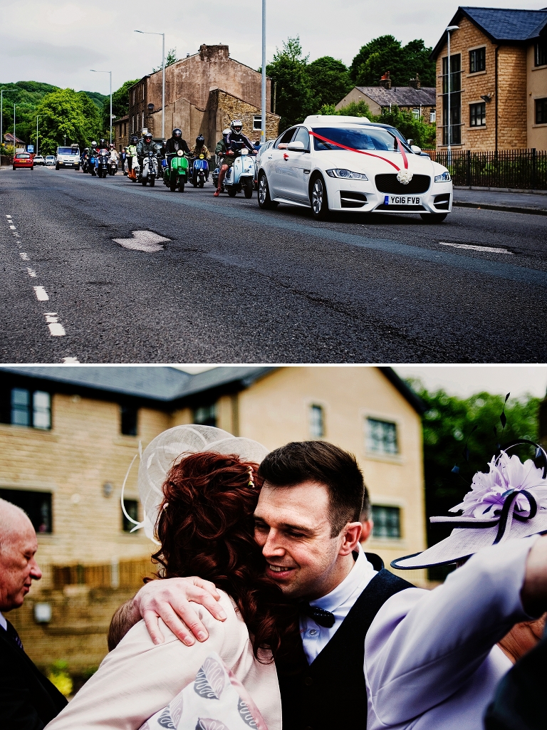 Burnely and Pendle scooter club escorting the groom to the church