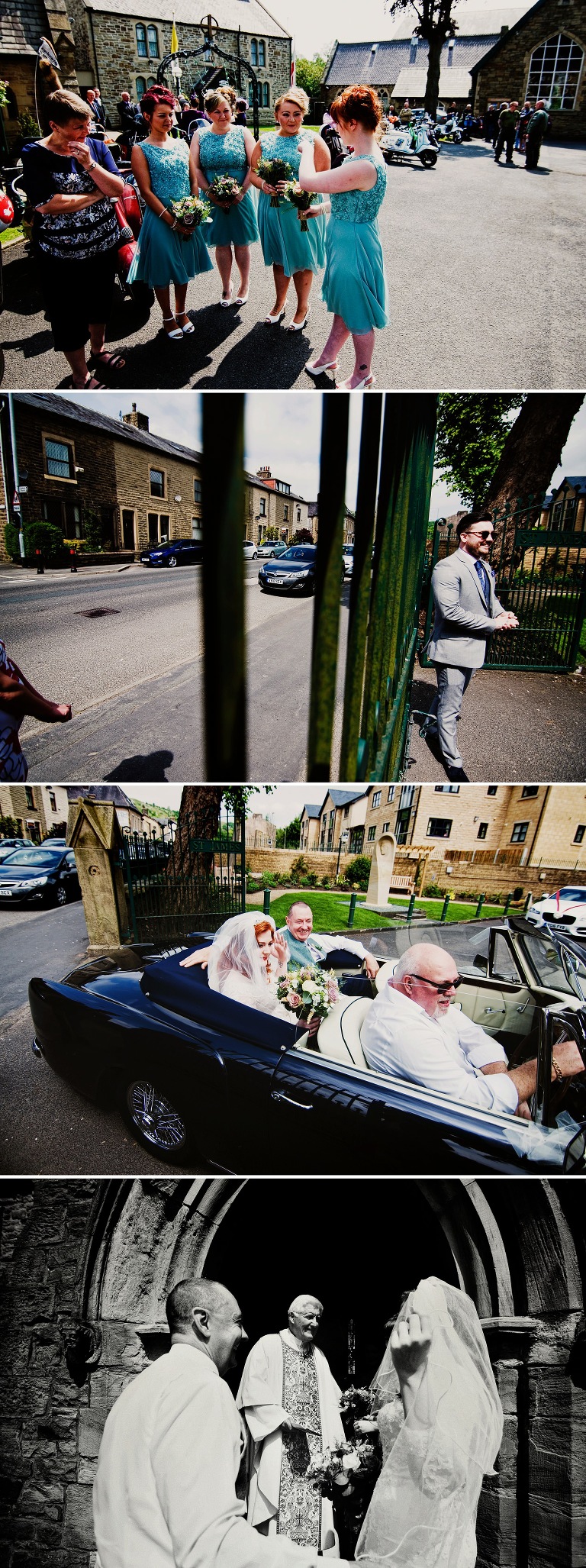Bride arriving in an open top car for her wedding at St James the Less in Lancashire 