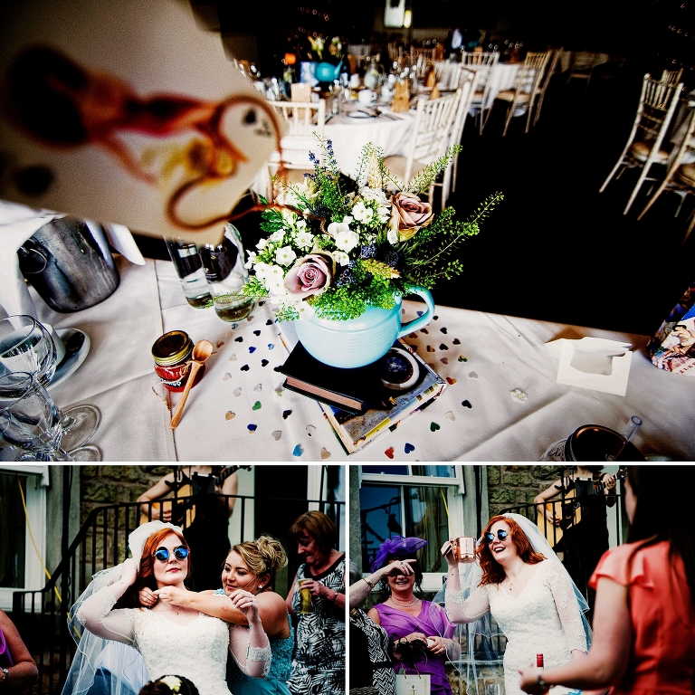 Table decoration ideas with a blue teapot and flowers