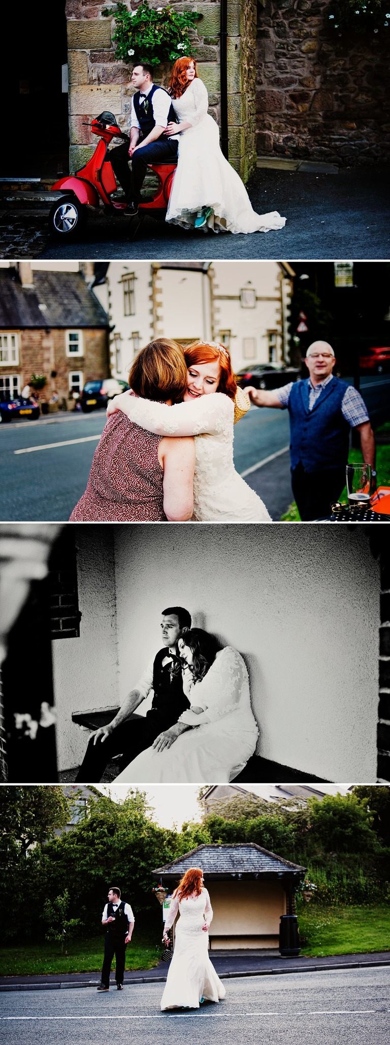 Vespa at Shireburn arms with bride and groom sat on it
