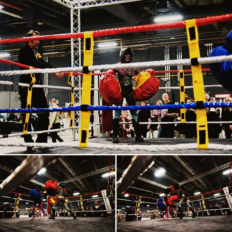 Jenny B enjoying a spot of gentleman’s rules boxing. (Also possibly the world’s first ever female bodypaint dual!)