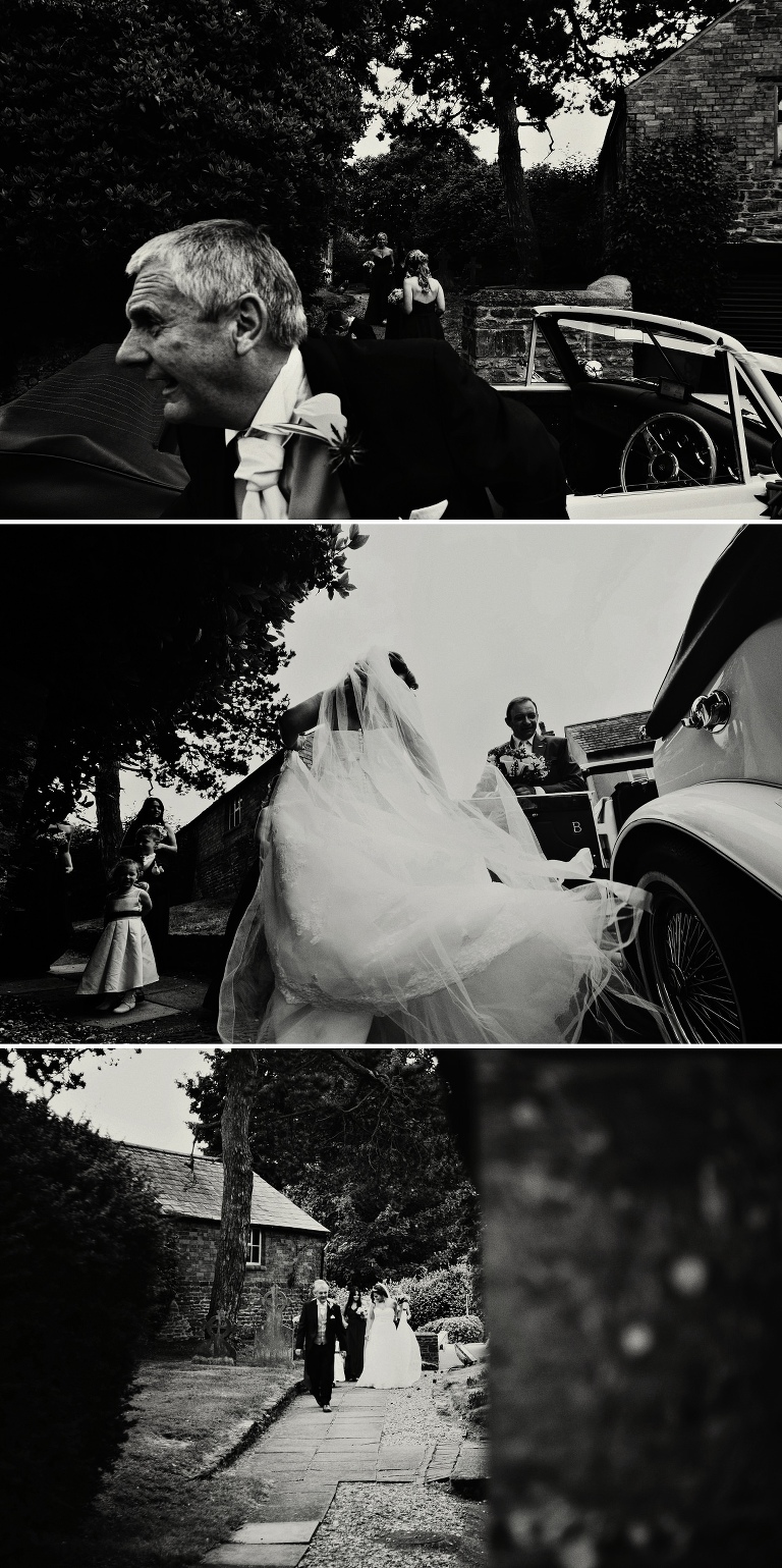 Black and white photographs of a bride arriving outside church for wedding