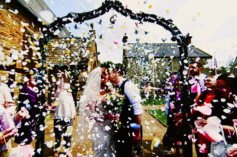 Colourful confetti throwing at Shireburn Arms.