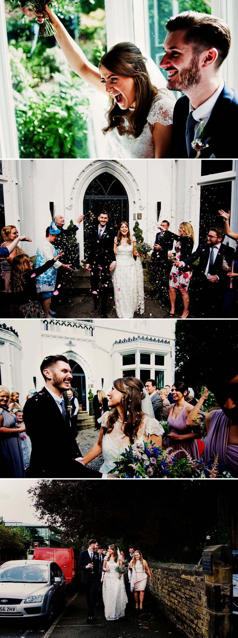 Throwing confetti outside Didsbury House Hotel