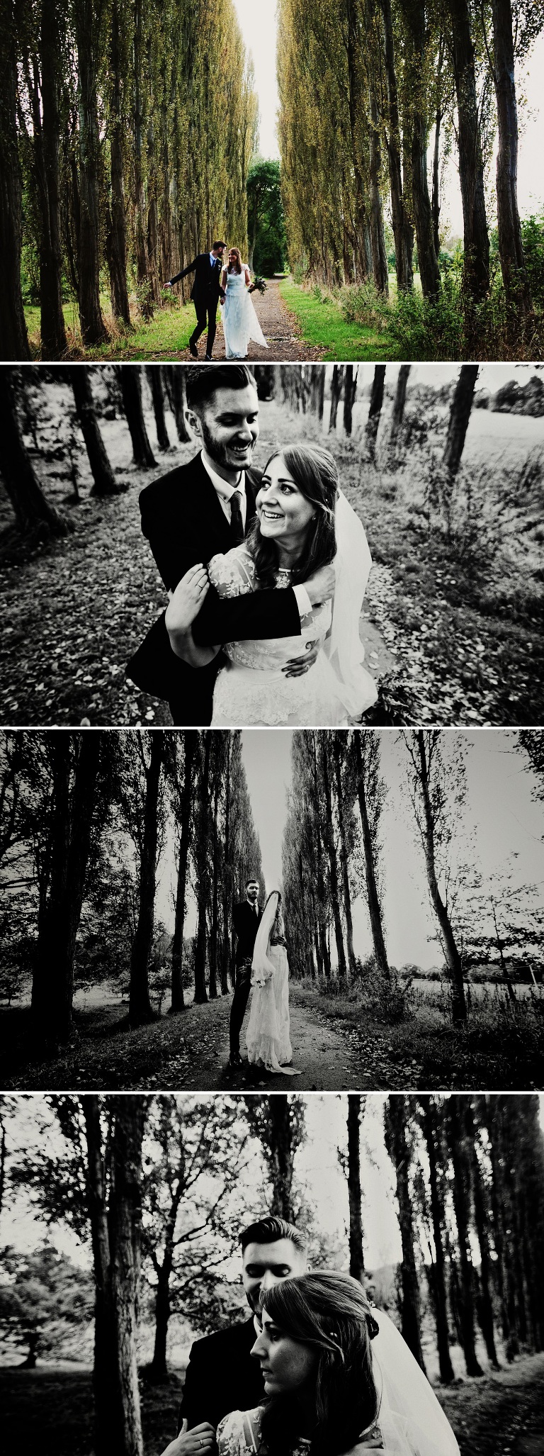 Black and white photo of bride and groom at trees down by Fletcher Moss in Didsbury