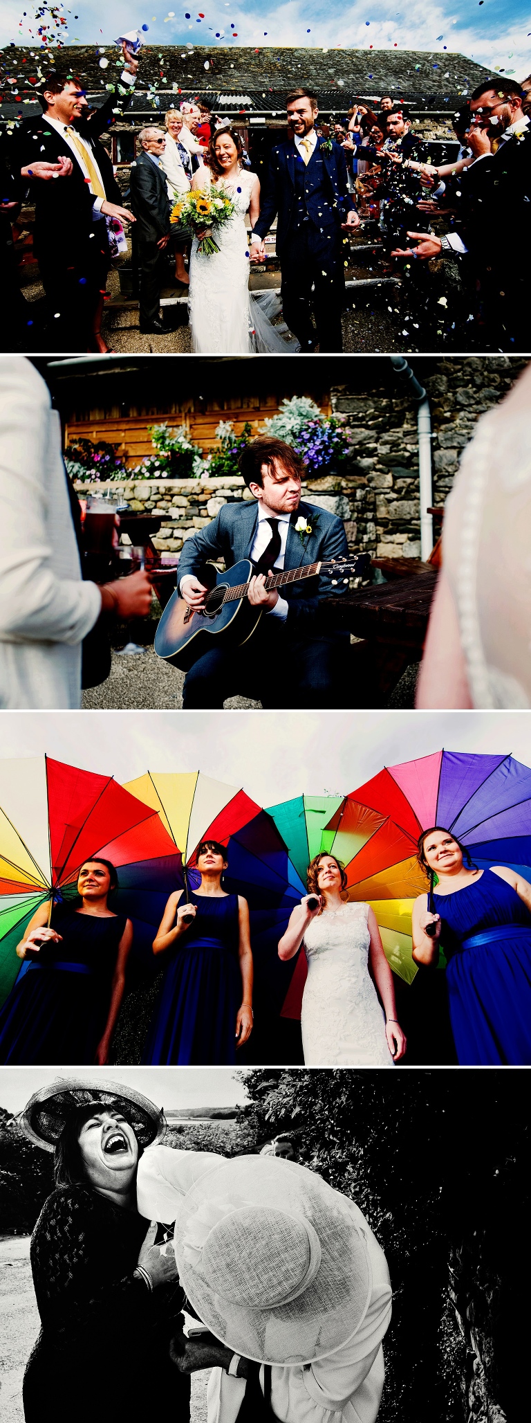 Bridemaids with colourful umbrellas and guests at Park House Barn rustic farm wedding in Milnthorpe