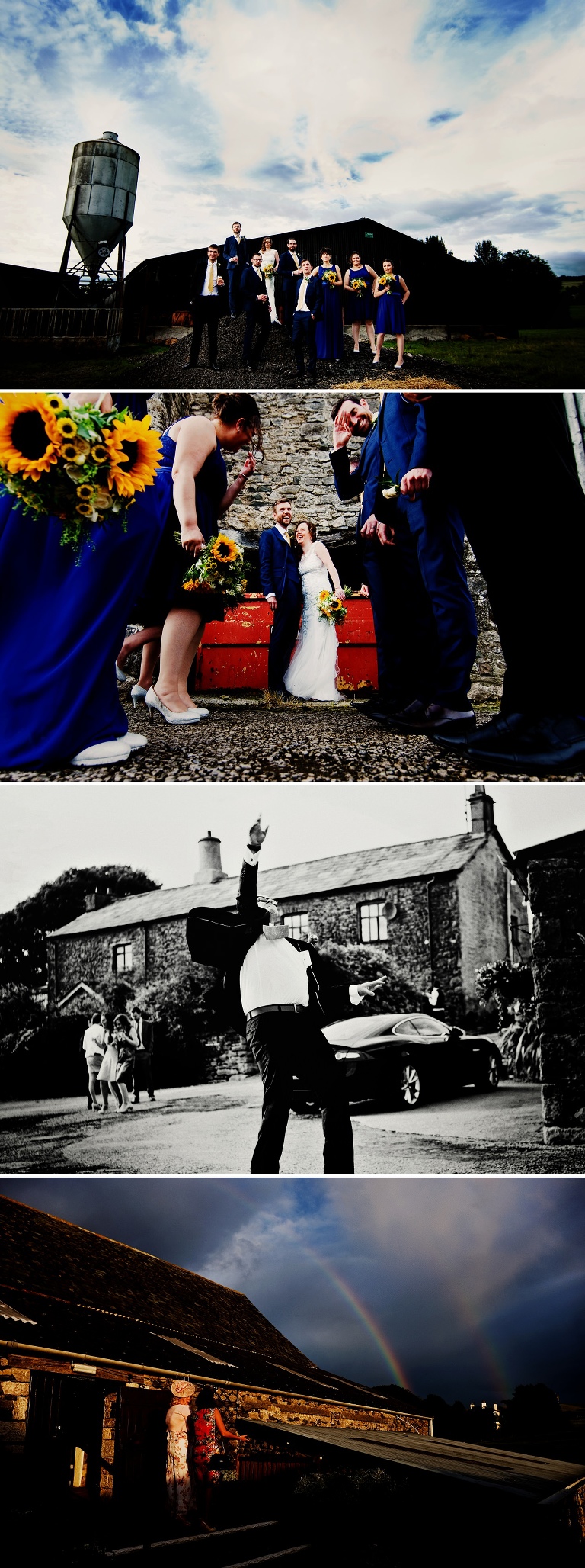 Bridal party with blue dresses and sunflowers at Park House Barn