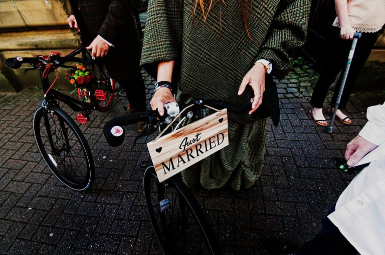 Just married sign on bicycle