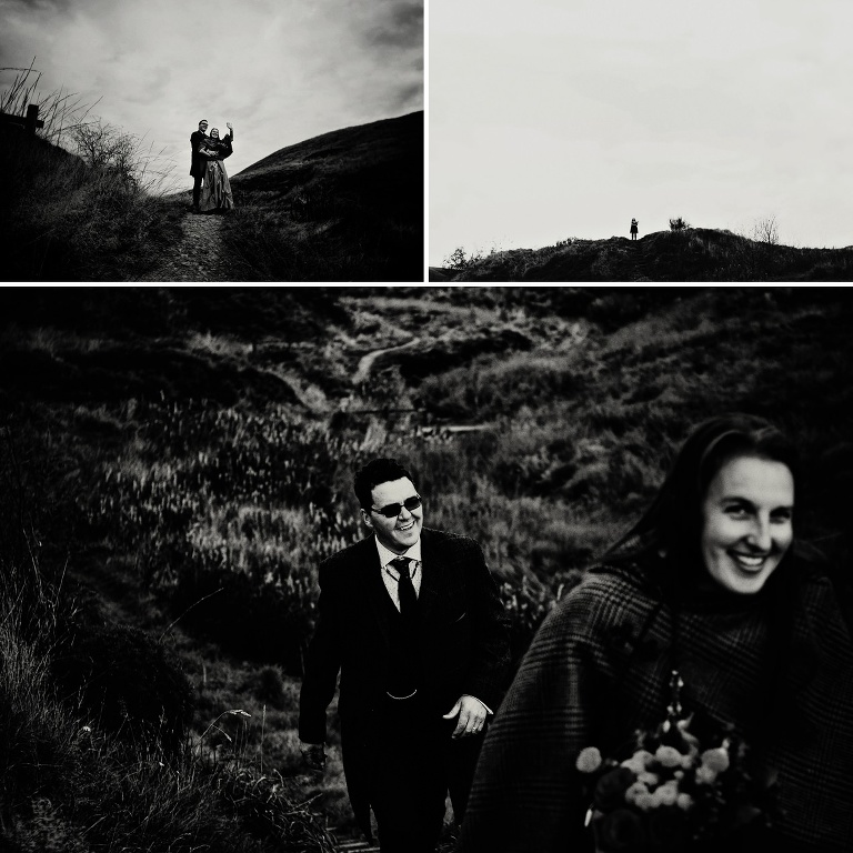 Black and white portraits of an alternative bride and groom wearing tweed