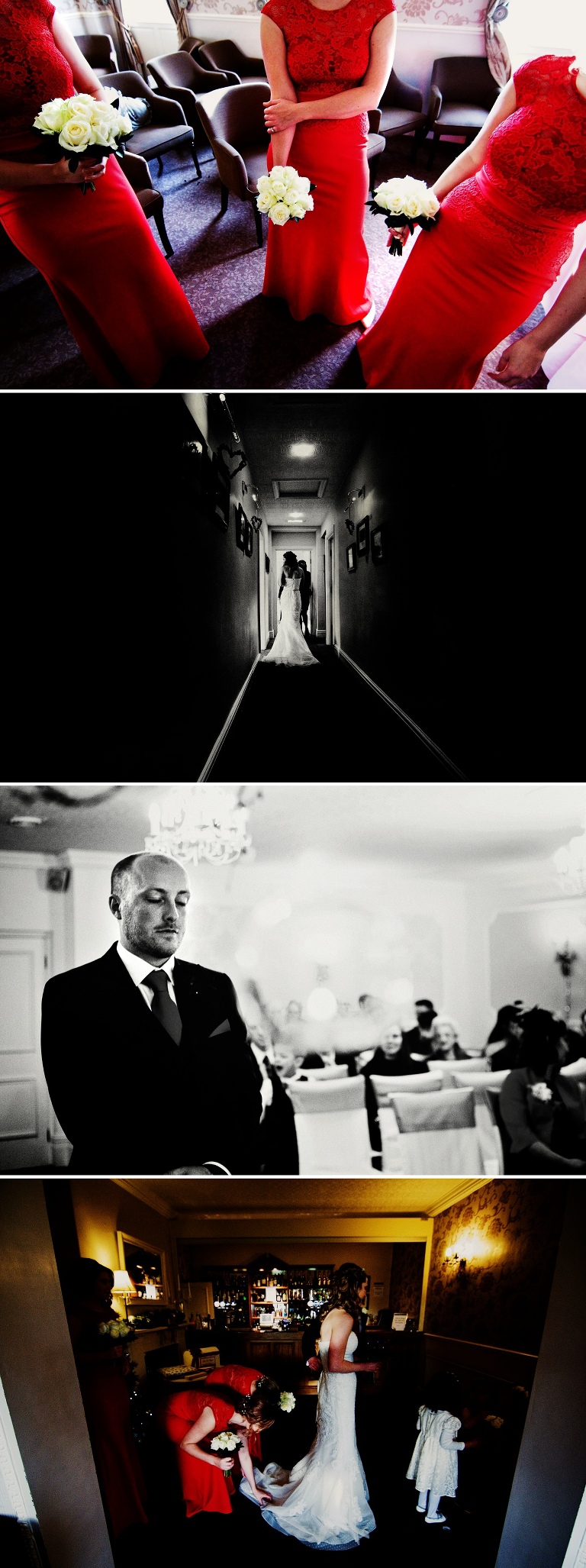 Bridesmaids wearing red dresses at a winter wedding in Lancashire